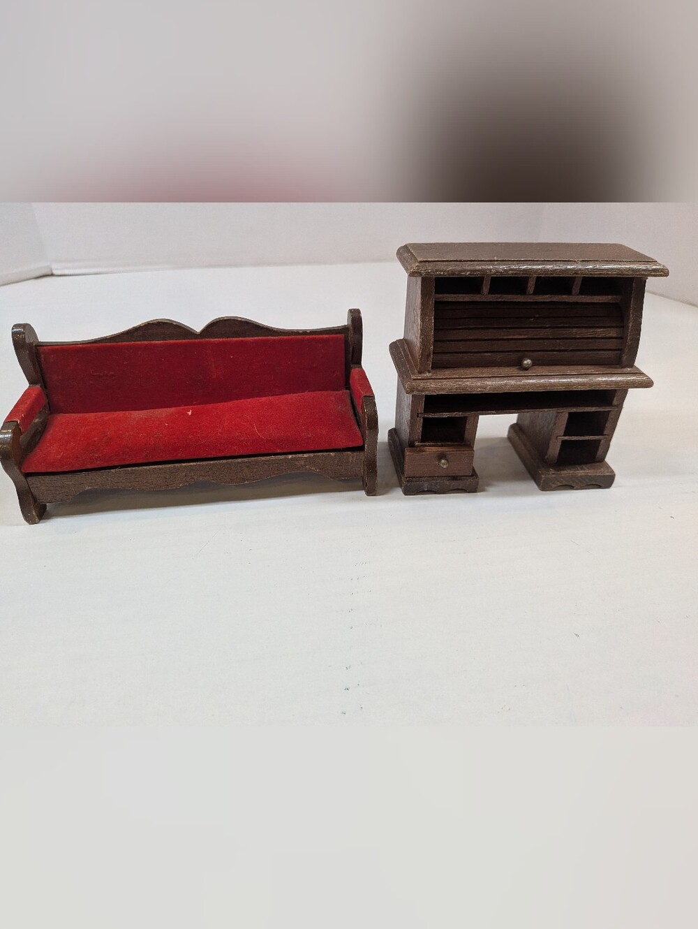Vintage Wood Dollhouse Furniture 1970s Rolltop Desk & Red couch